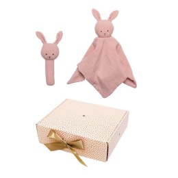 Grzechotka i szmatka przytulanka- zestaw upominkowy różowy królik Jabadabado