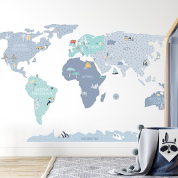 Naklejka na ścianę, mapa świata - niebieska