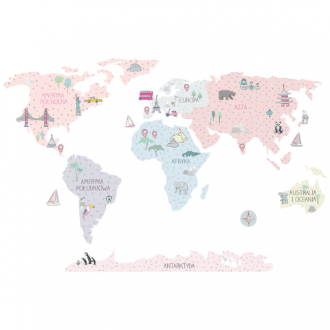 Naklejka na ścianę, mapa świata - różowa
