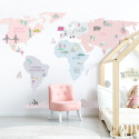 Naklejka na ścianę, mapa świata - różowa